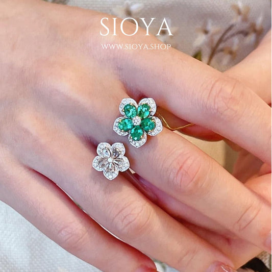 Emerald flower ring adjustable